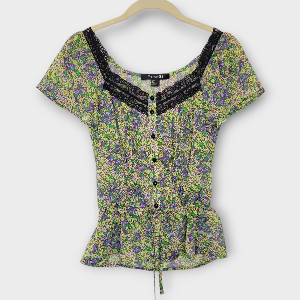 Vtg Y2K Forever 21 Short Sleeve Top S Ditsy Floral Yellow Purple